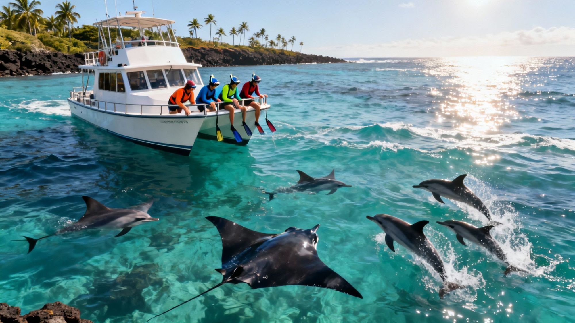 Boat with snorkelers and flippers, dolphins and manta ray swimming in clear ocean near rocky shore and palm trees.
