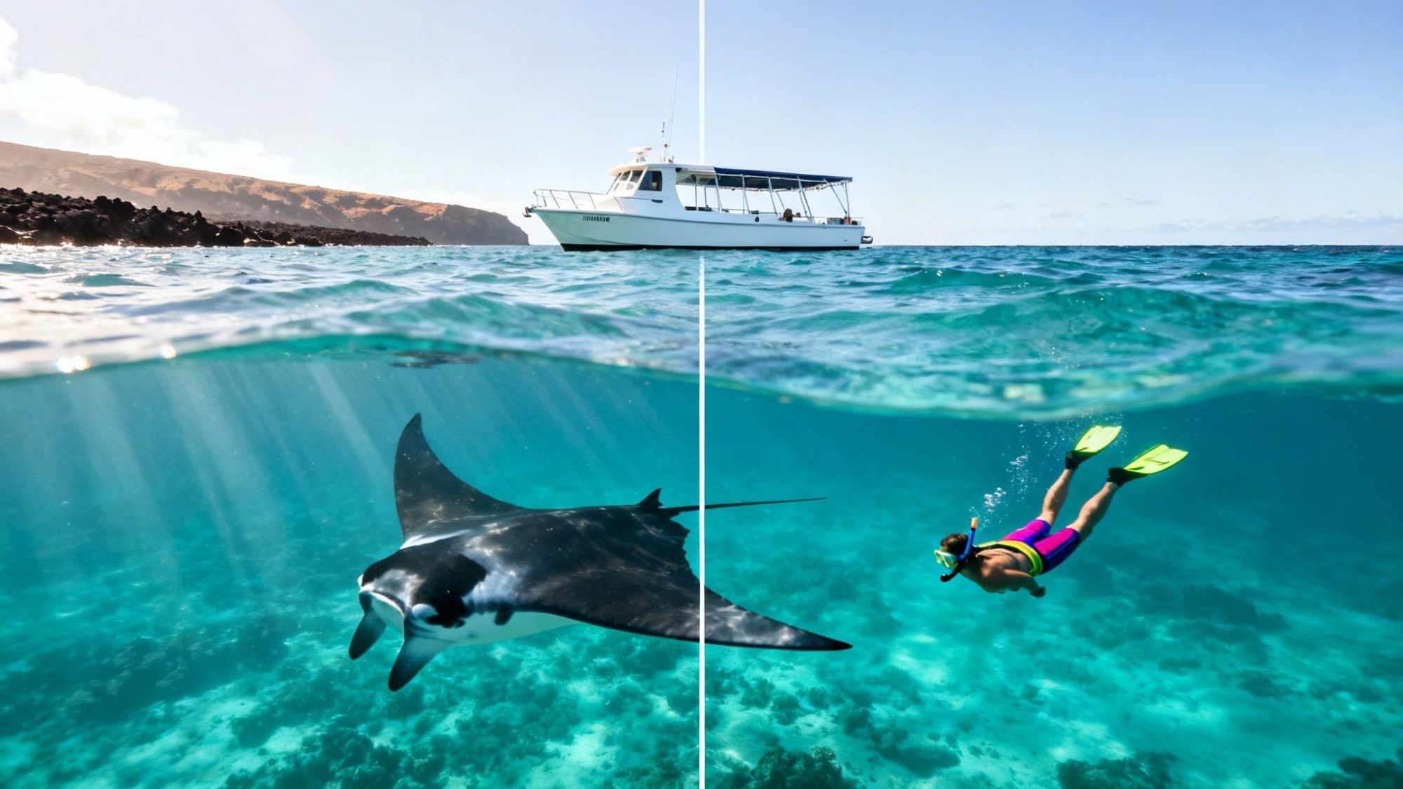Split image of manta ray underwater on left and snorkeler above coral on right with boat on surface.