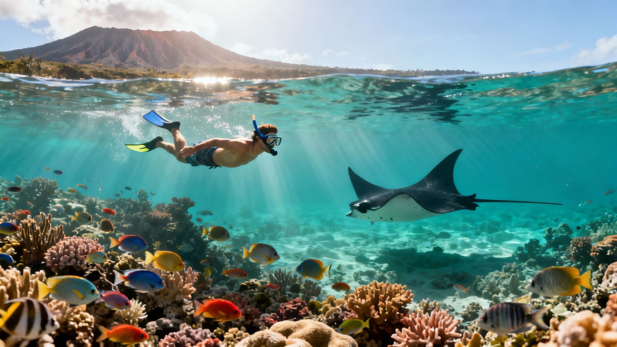 Snorkeler swims near vibrant coral reef with manta ray and colorful fish, mountain in background.