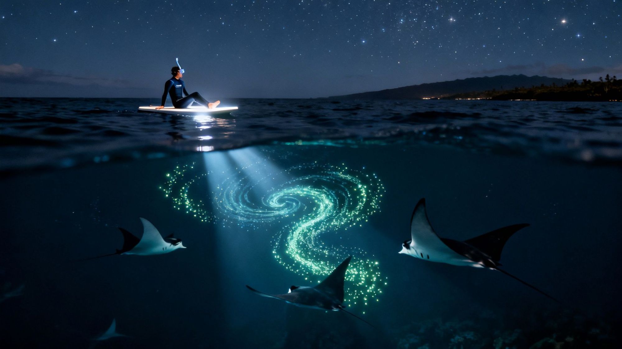 Paddleboarder shines light on starry ocean, illuminating manta rays and bioluminescent swirl underwater.