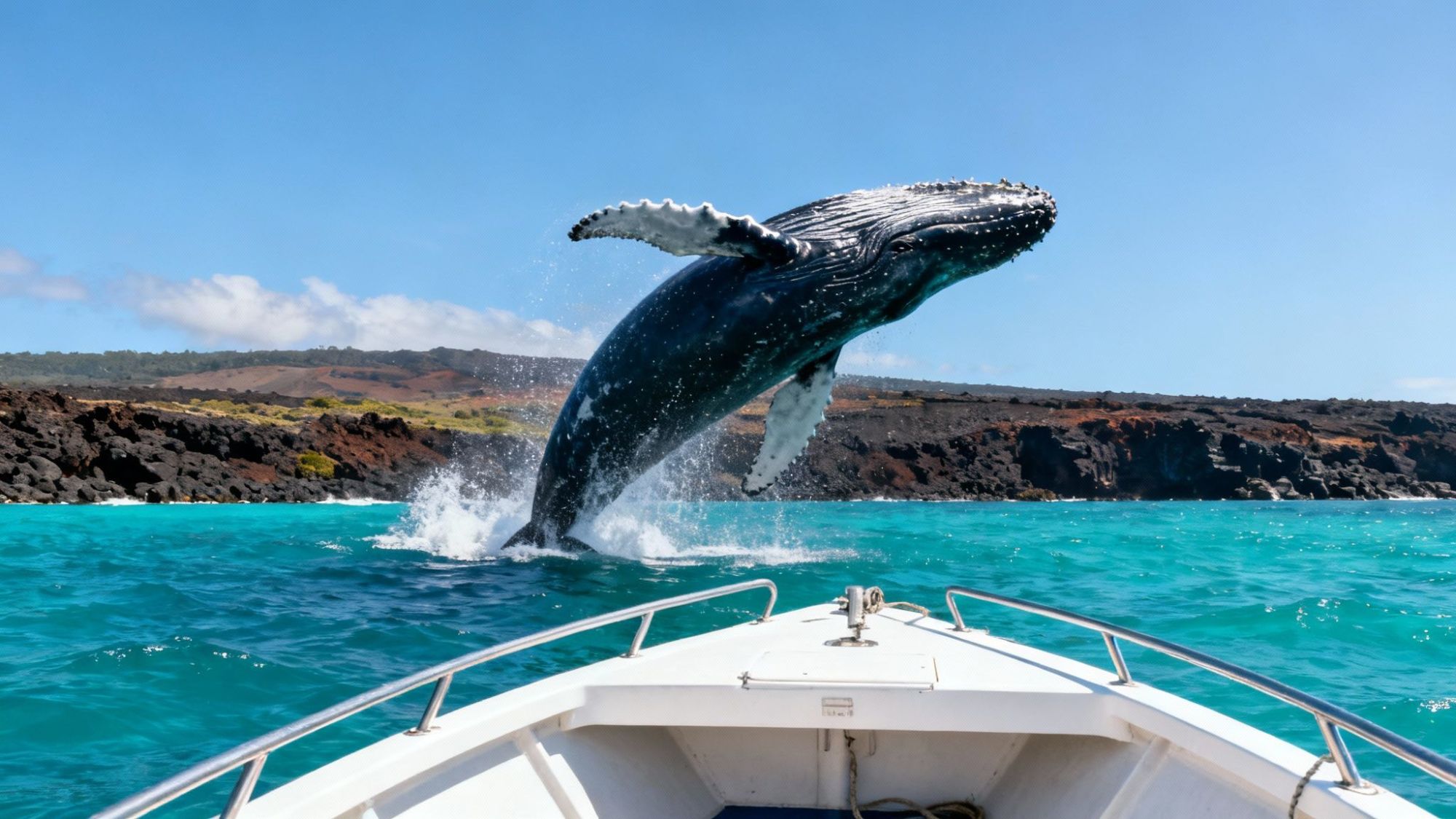 A whale breaching near a boat in turquoise water with rocky shoreline in background.