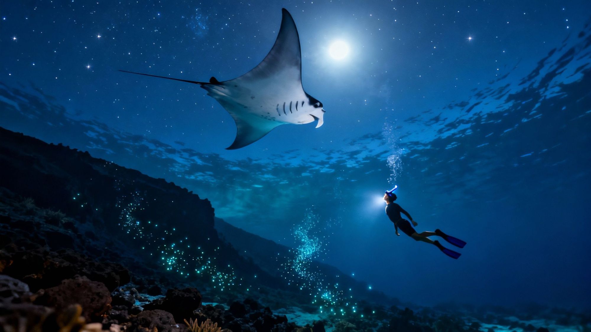 Diver with flashlight swimming below a giant manta ray at night, under a bright moon and starry sky.