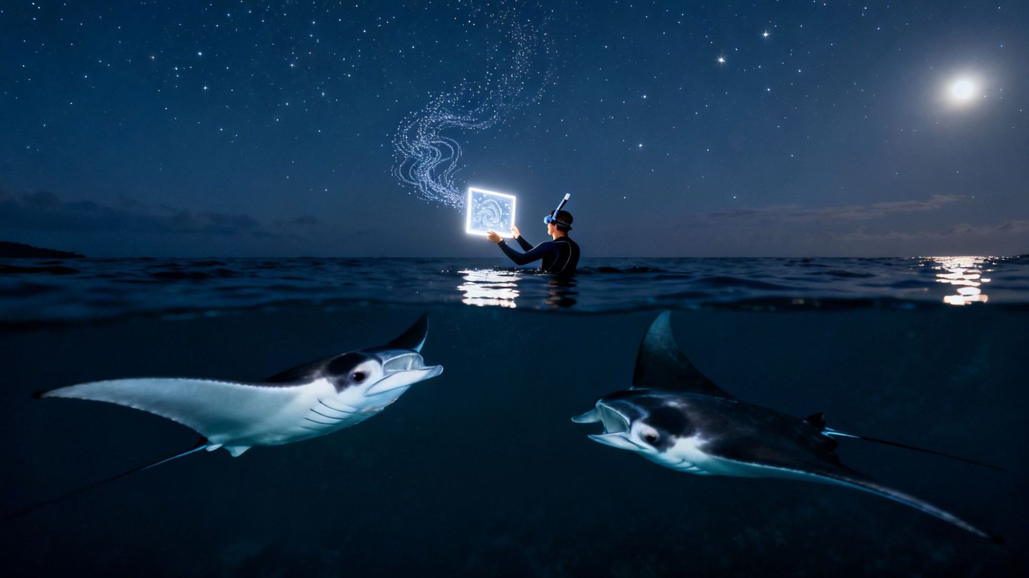 Snorkeler among stars and bioluminescent manta rays at night, illuminated tablet showing spiral pattern.