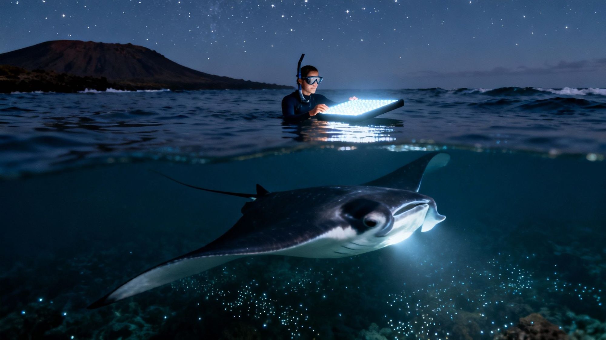 Person with light device in ocean, manta ray underwater and stars in sky.