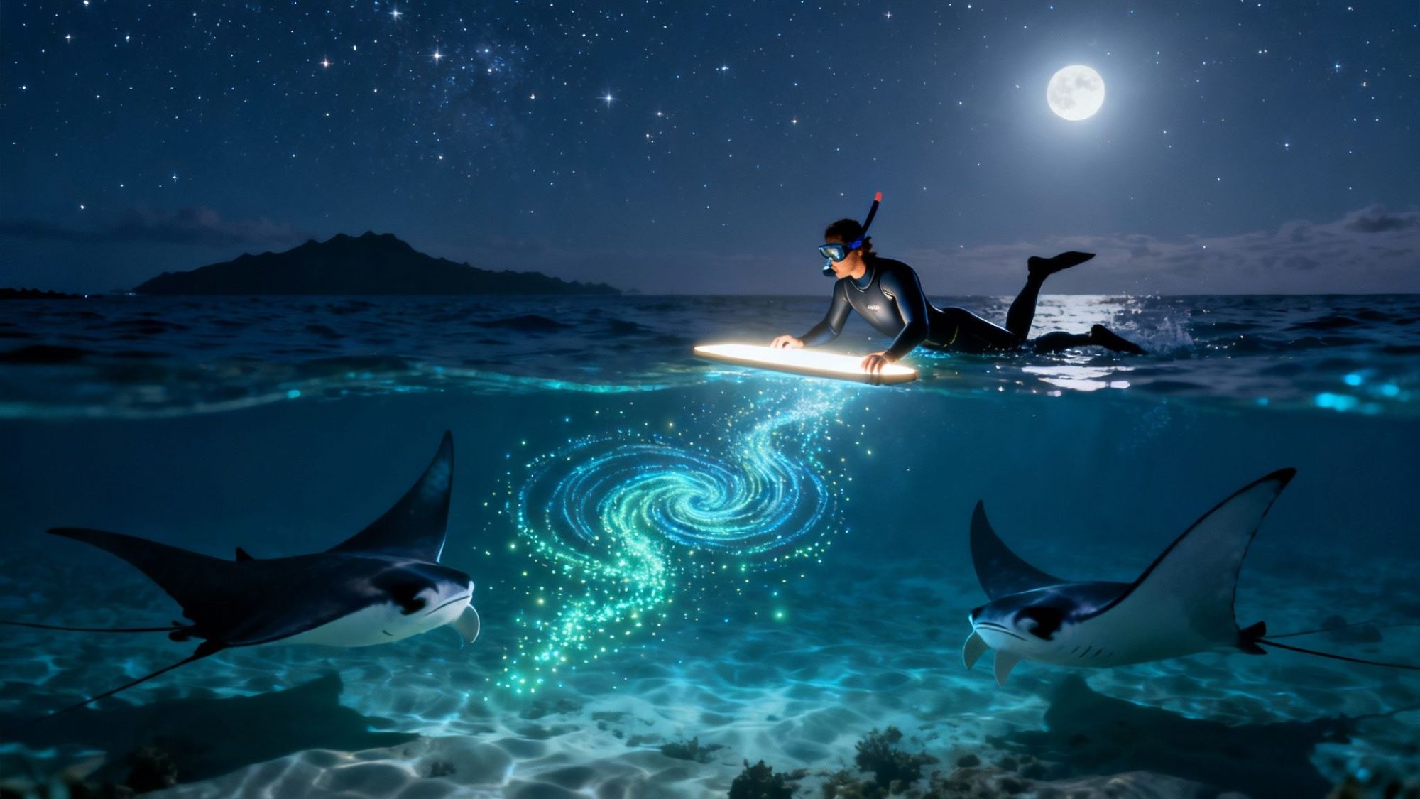 Snorkeler on surfboard above glowing sea vortex with rays, under starry night sky with full moon.