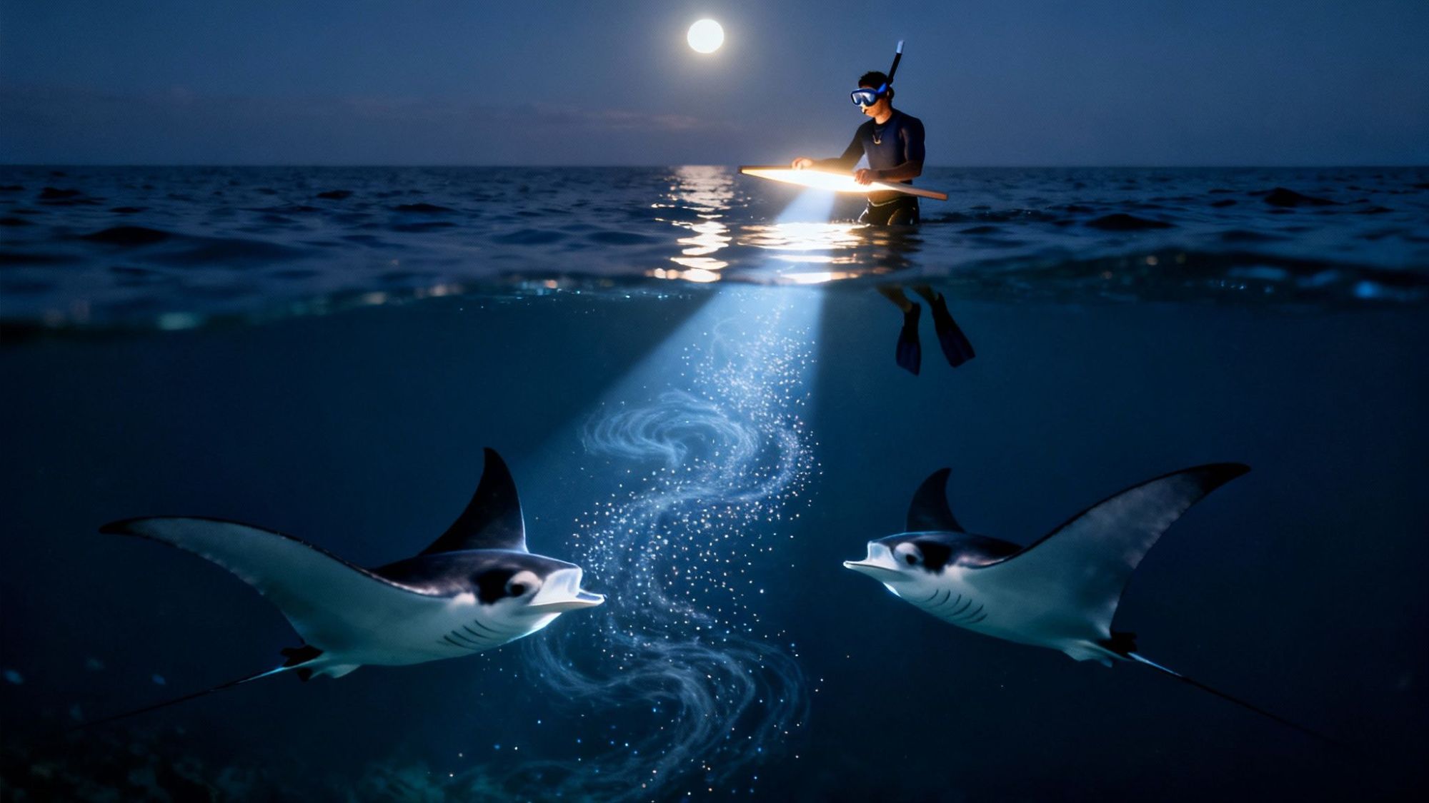 Snorkeler with board and light above water, manta rays below in moonlit ocean.
