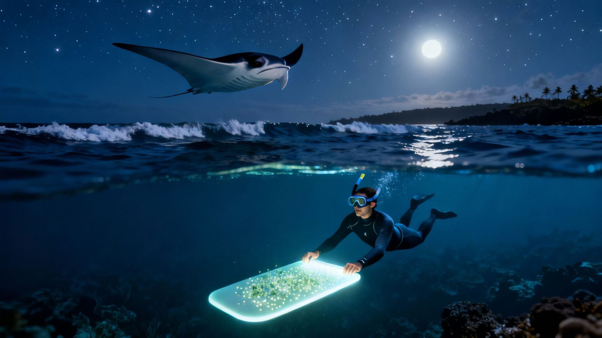 Diver with glowing board underwater at night, manta ray above in moonlit ocean.