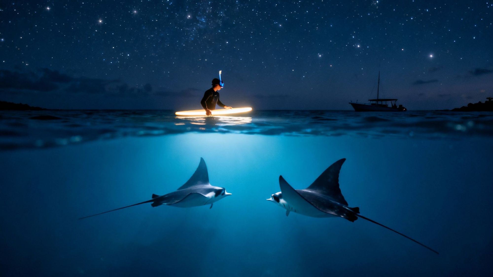 Person on paddleboard at night with manta rays underwater and starry sky above.