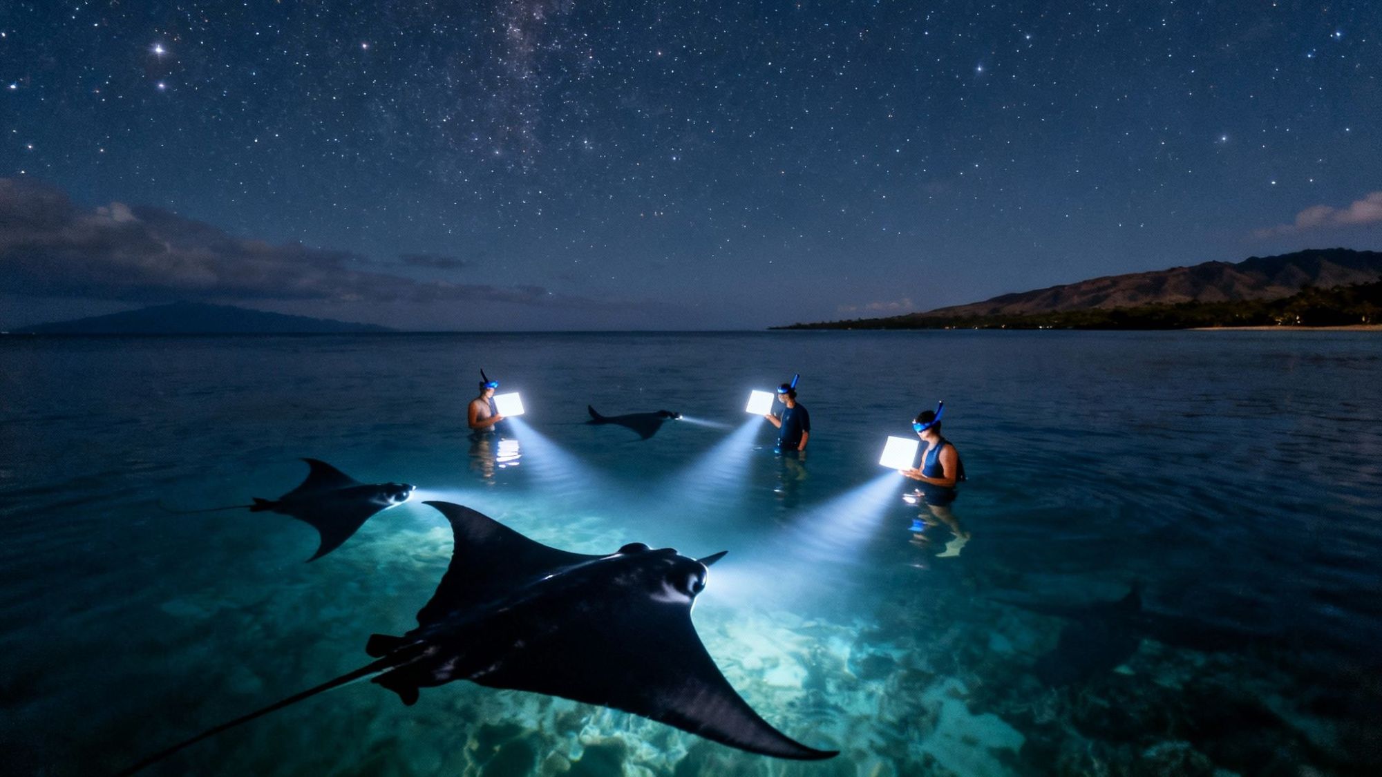 Snorkelers with lights observe manta rays beneath a starry night sky in shallow water.