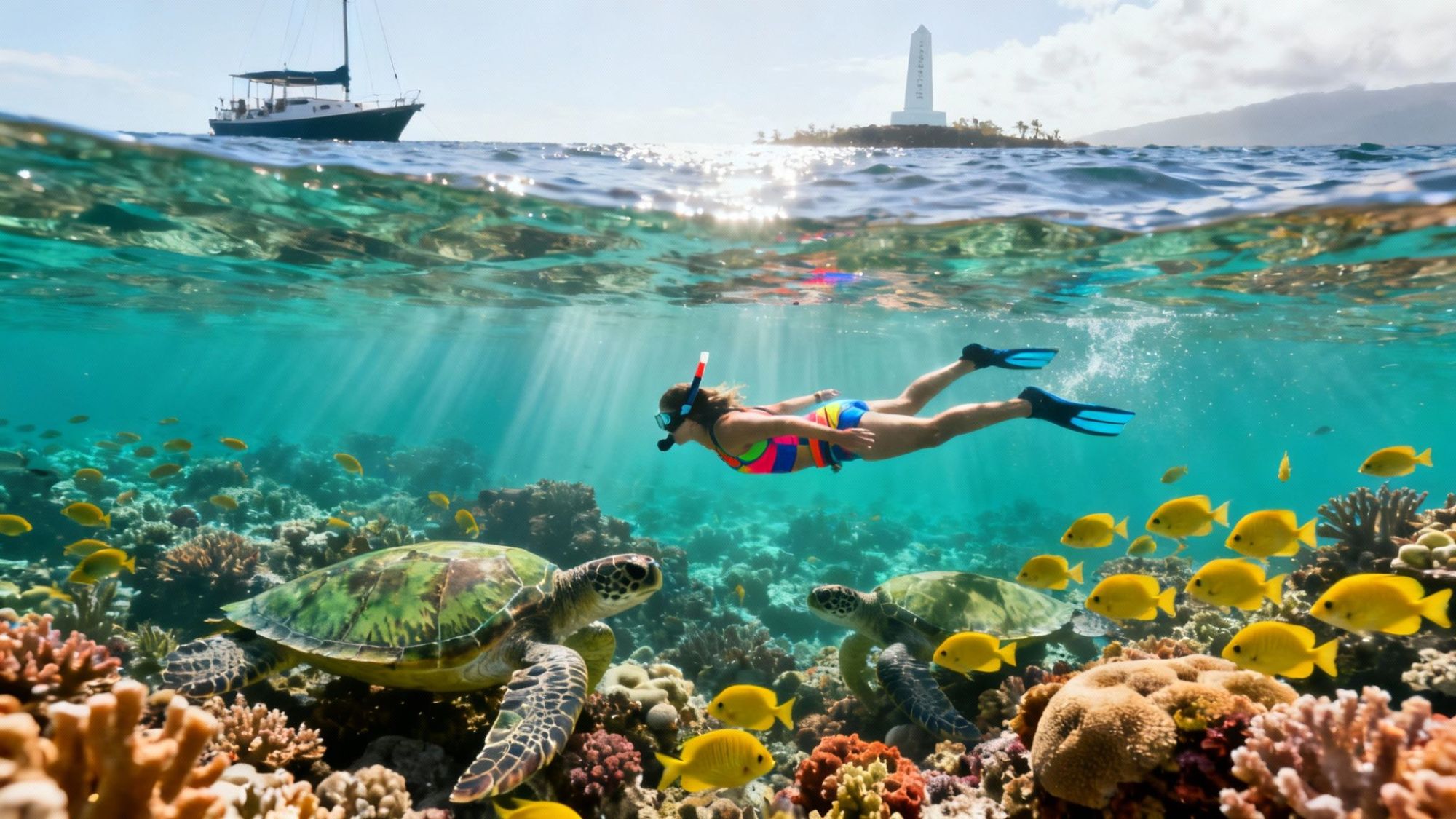 Snorkeler swimming with sea turtles over coral reef, boat and island in background.