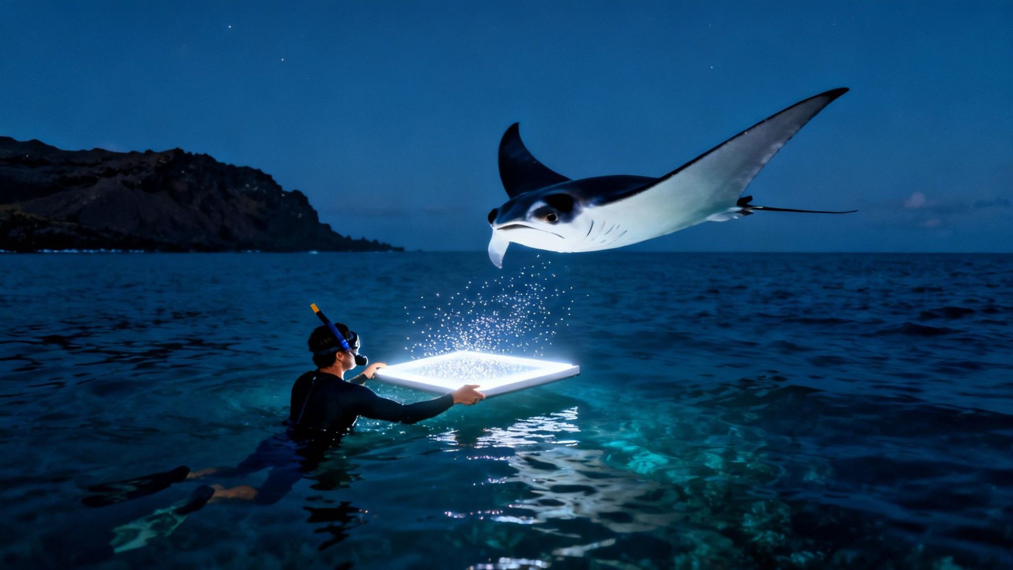 Snorkeler holds lit board at night, manta ray swims nearby in open ocean.