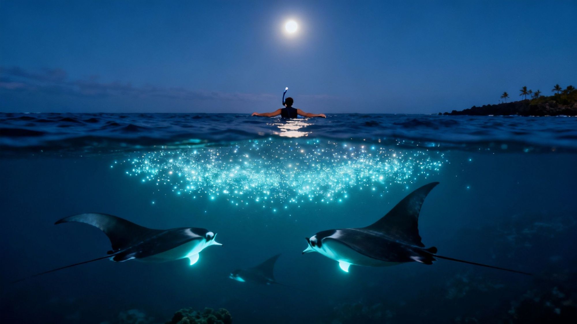 Snorkeler in moonlit ocean with glowing manta rays underwater against serene night sky.