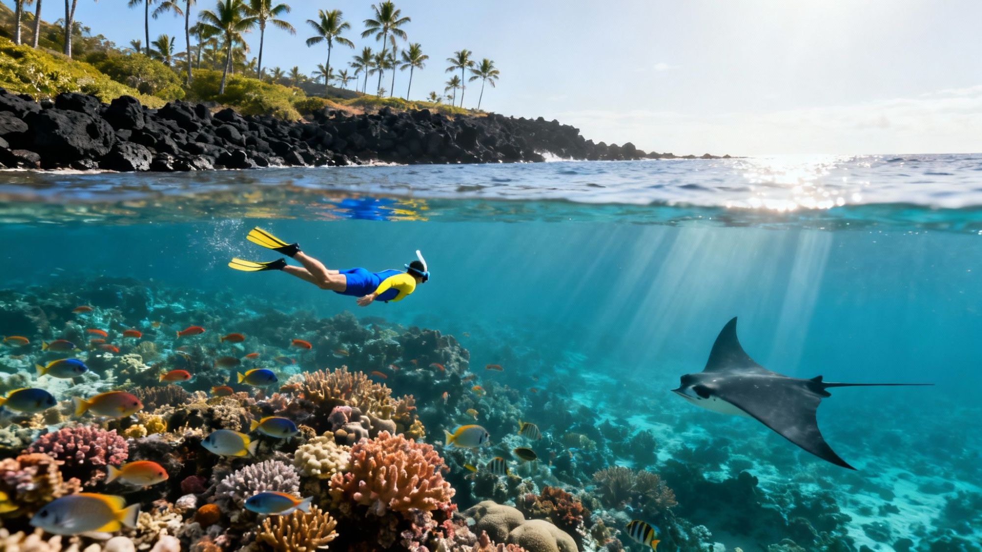 Snorkeler swimming above a coral reef with fish and a manta ray in clear blue water, palm trees in background.