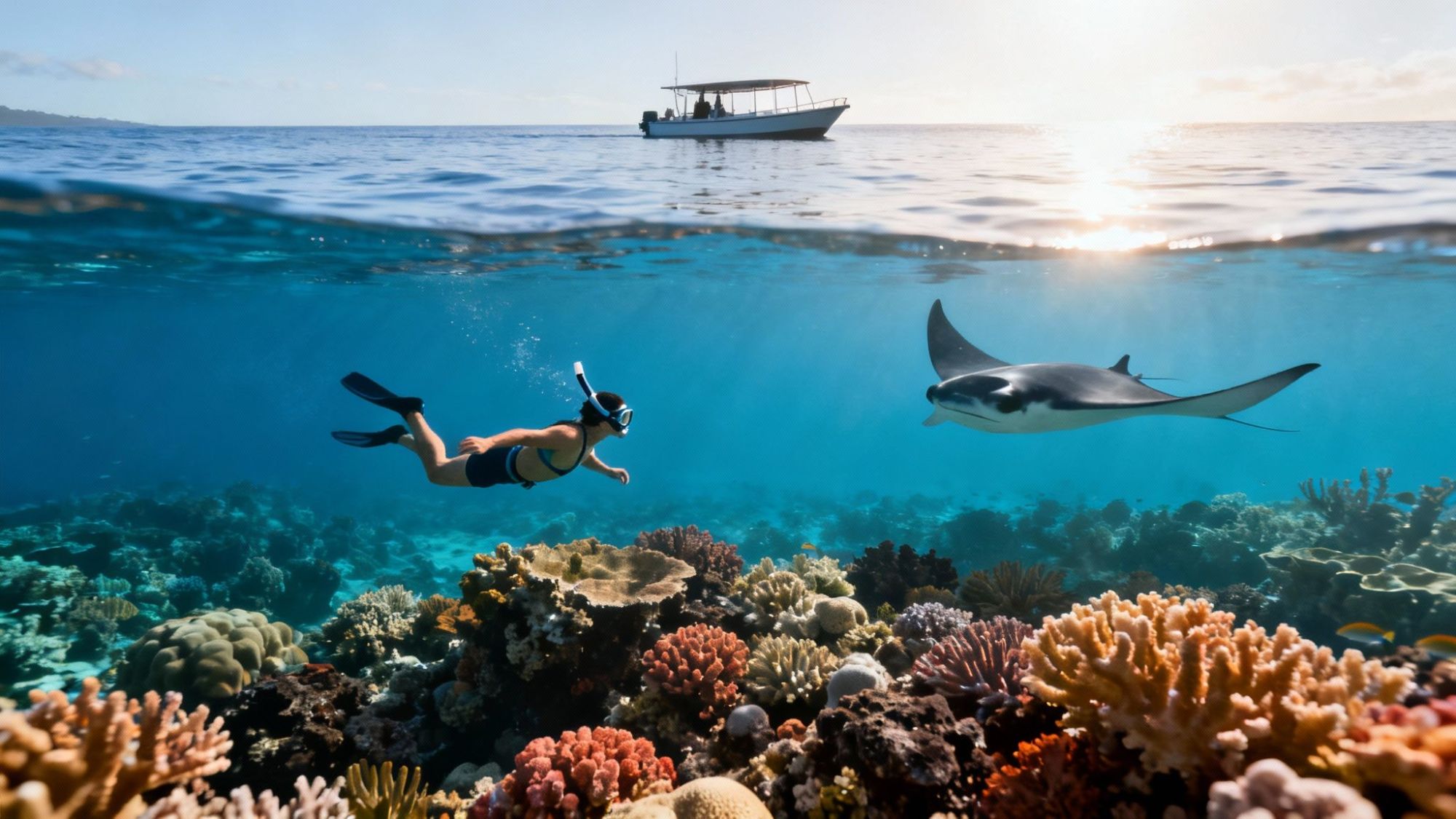 Snorkeler swims near coral reef with manta ray; boat floats above in clear blue sea.