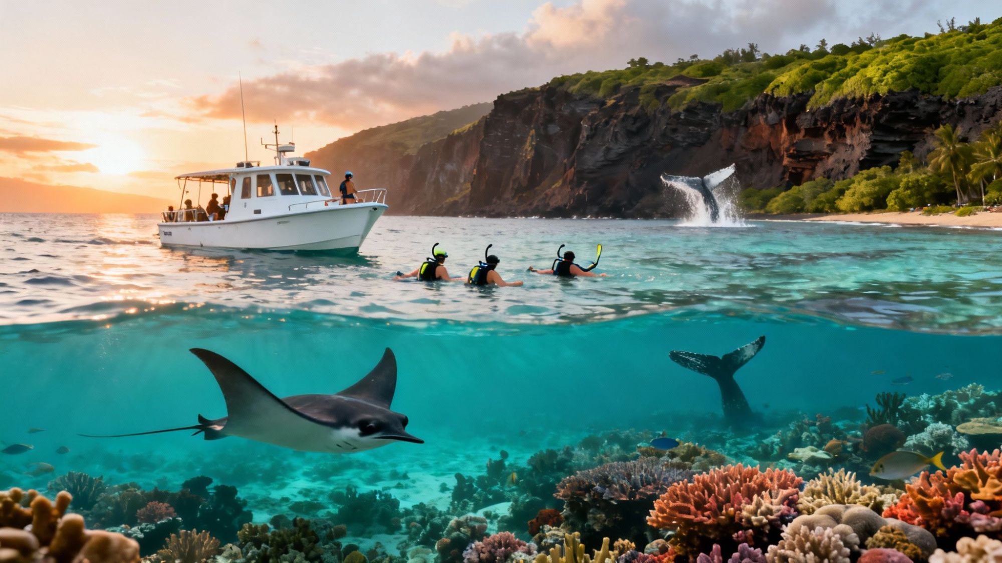 Snorkelers near a boat above a coral reef, with a manta ray and whale tail underwater, and a whale breaching in the distance.