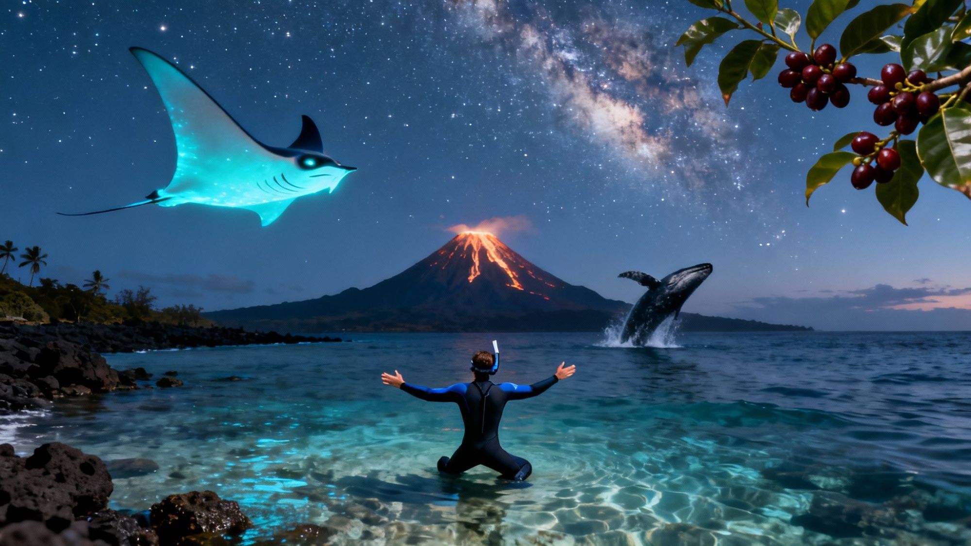 A snorkeler admires a leaping whale, glowing manta ray, and erupting volcano under a starry sky with coffee cherries.