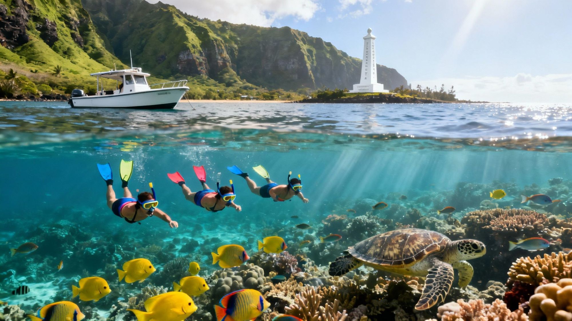 Snorkelers with a sea turtle and fish in clear water, boat and lighthouse in background.