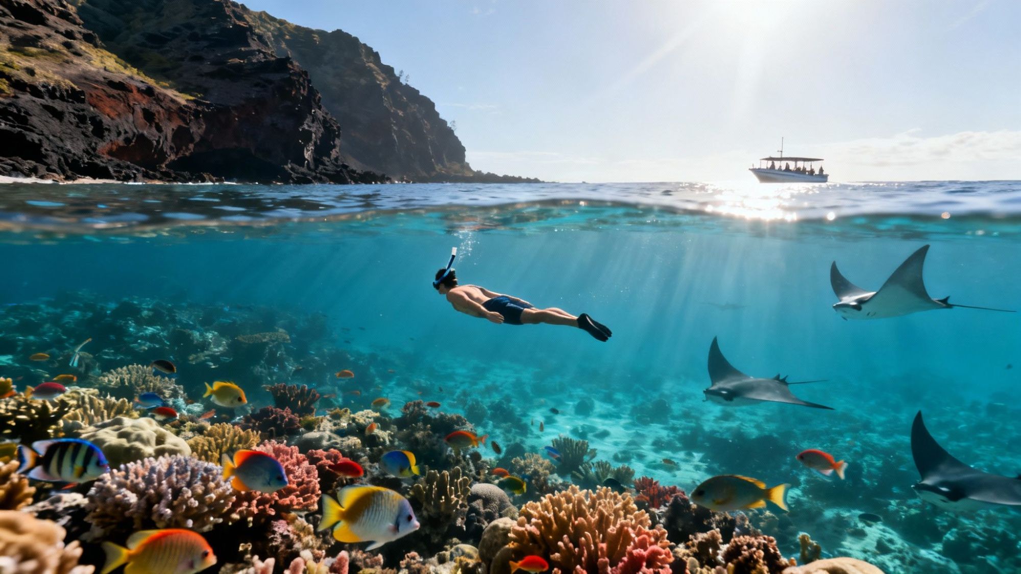 Snorkeler in clear water above coral reef with fish and rays, boat in background.