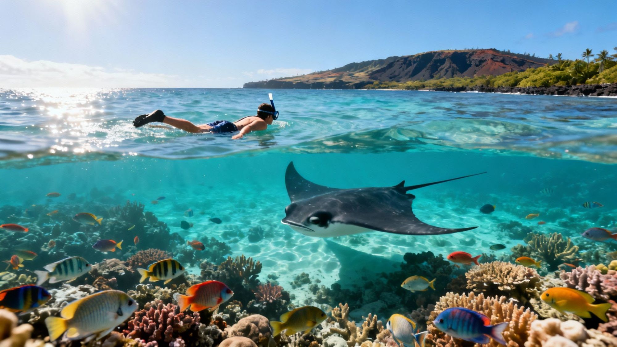 Person snorkeling above coral reef with colorful fish and a manta ray in clear water.