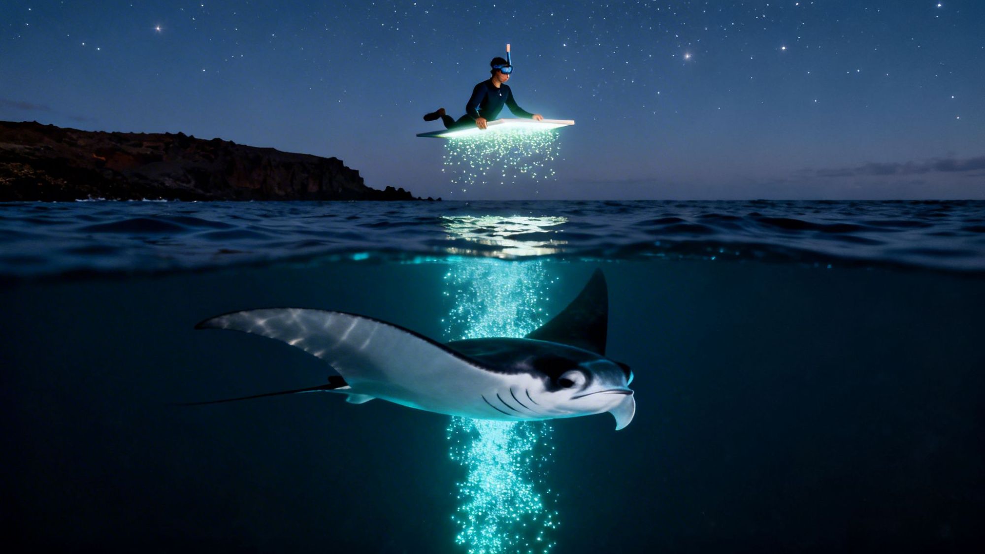 Surfer above water at night, with glowing trail, manta ray below in the ocean, starry sky.