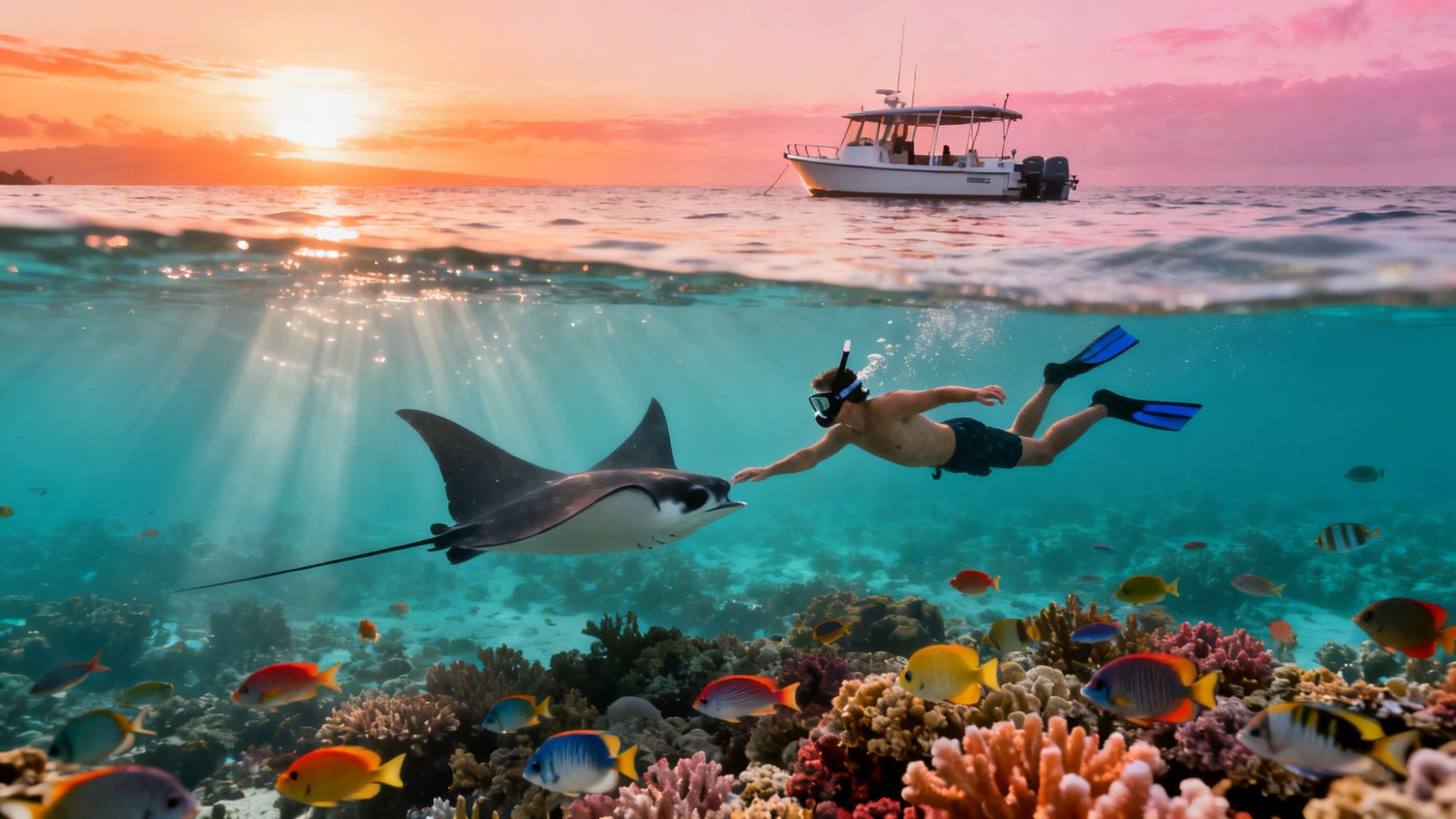 Snorkeler swims with manta ray above colorful coral reef, with boat and sunset in the background.