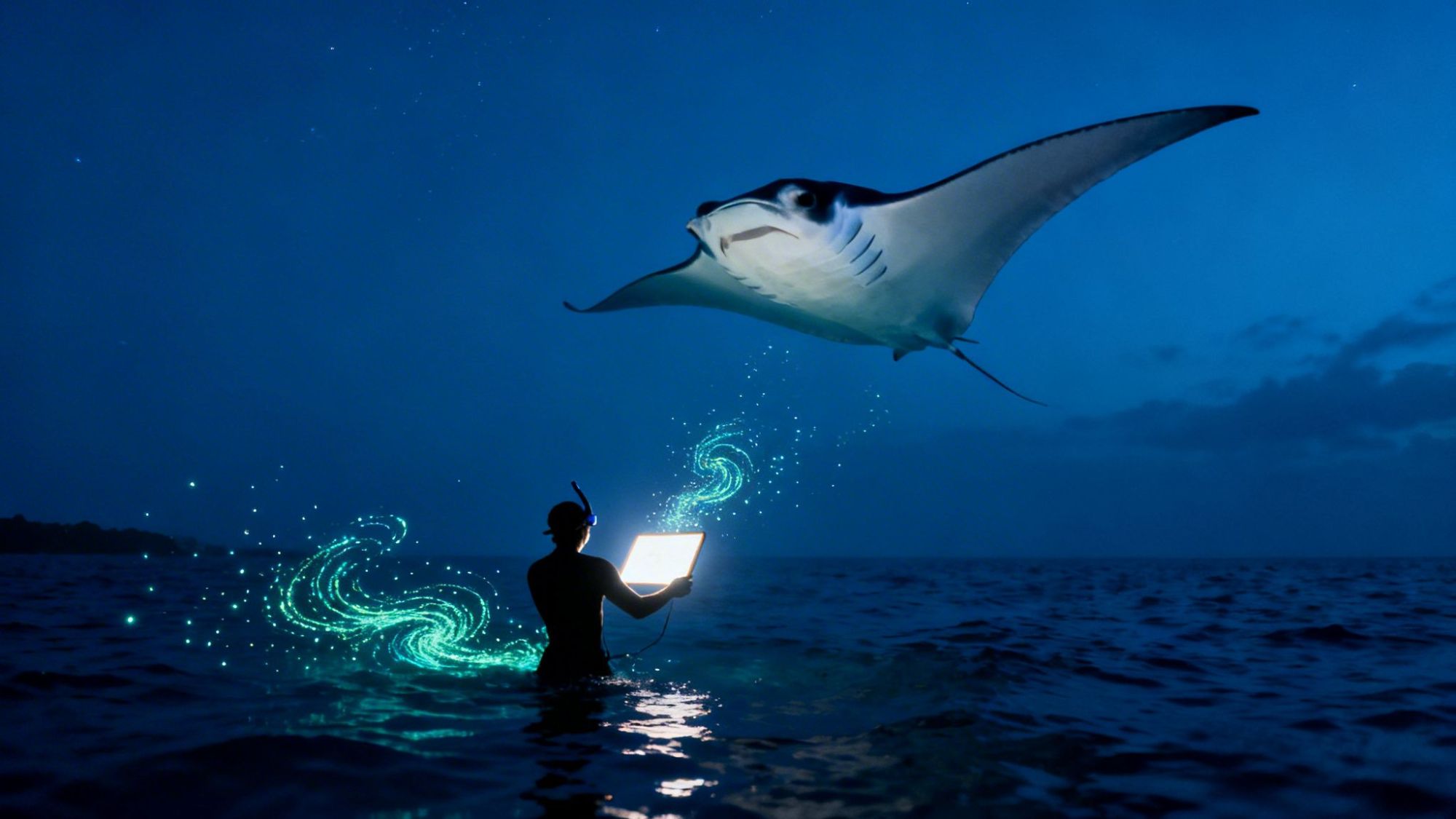 Person in water with glowing laptop, manta ray flying above, bioluminescent swirls around, under a night sky.