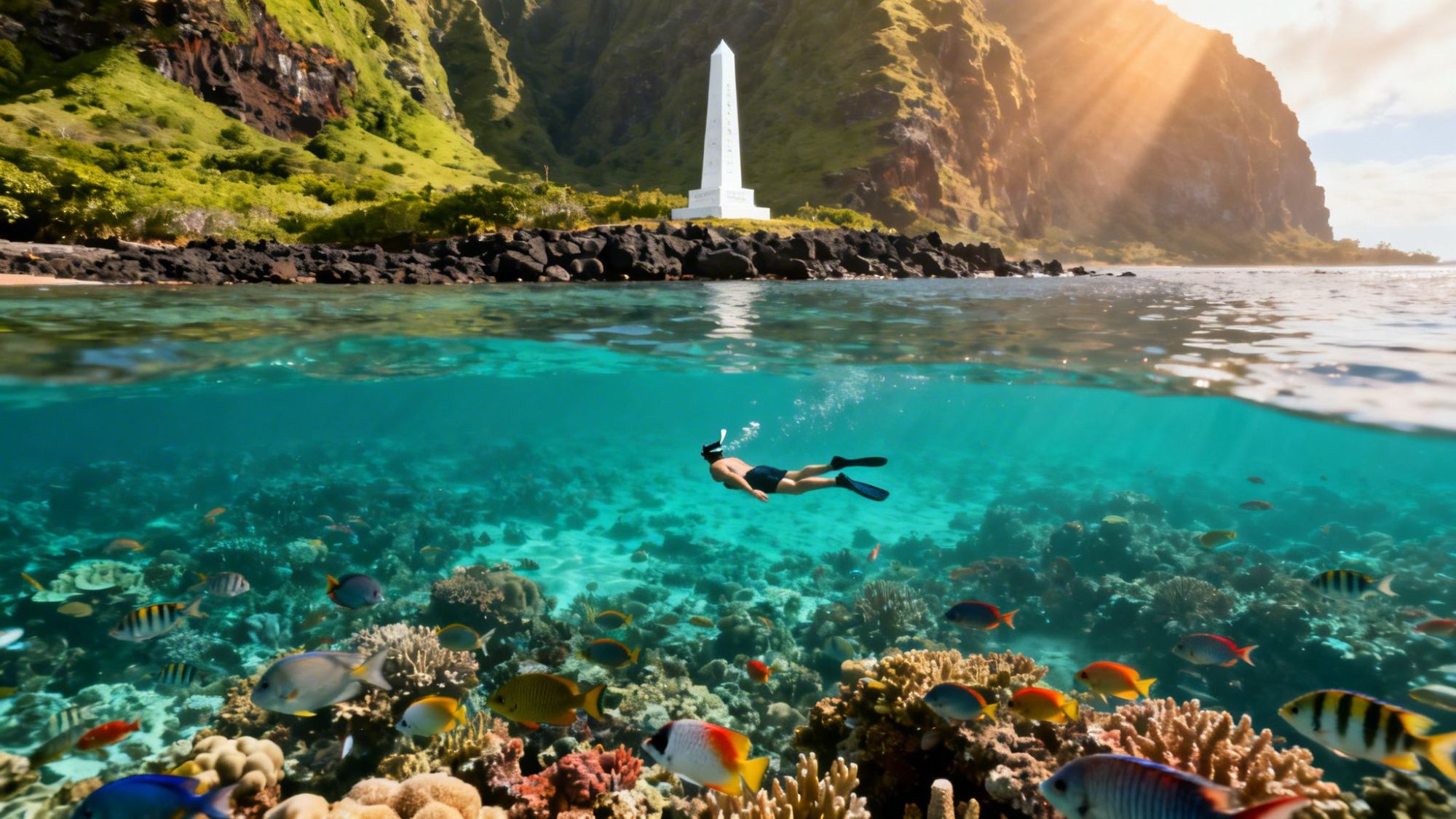 Person snorkeling over coral reef with tropical fish, a monument and cliffs in the background.