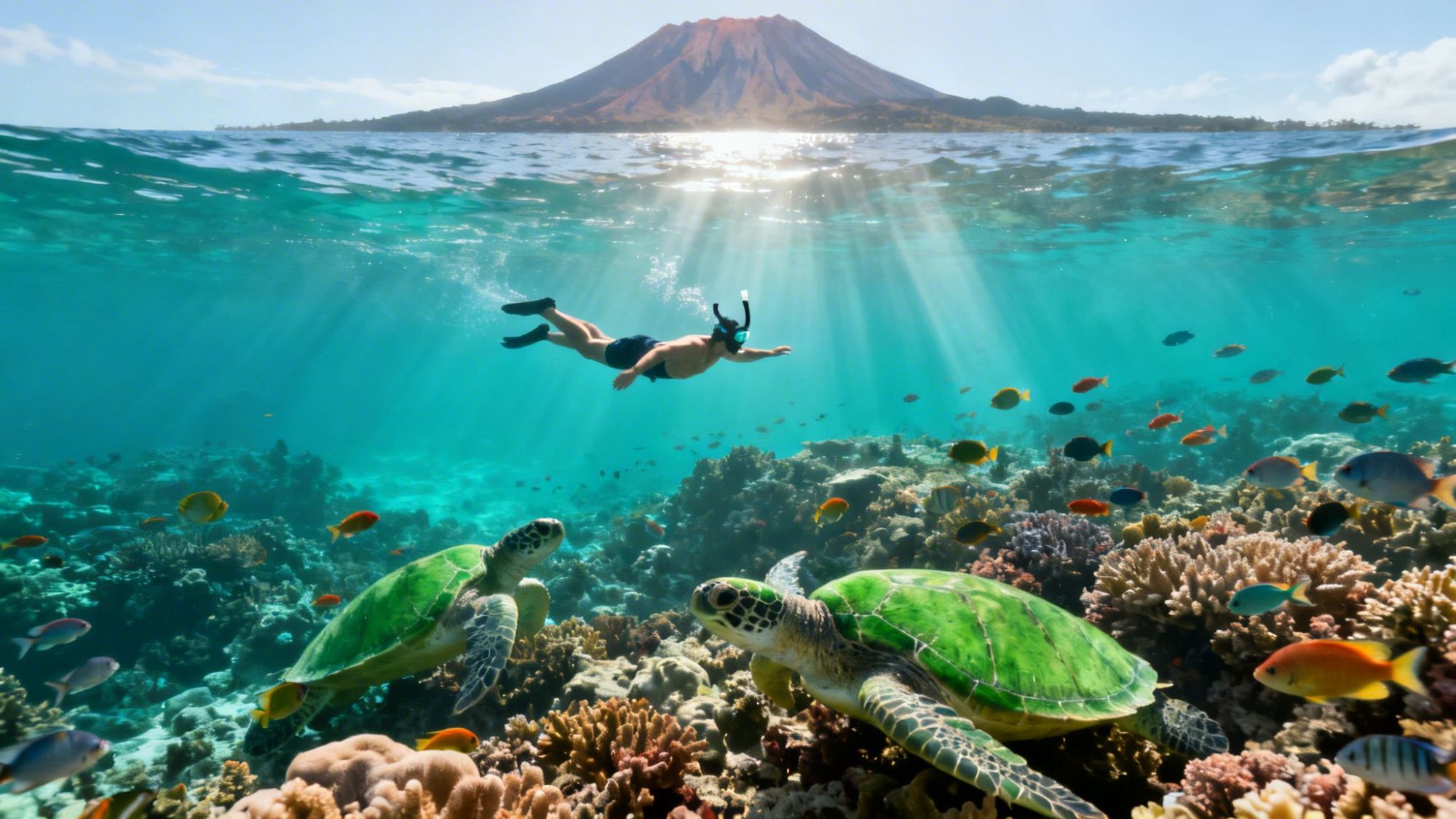 Person snorkeling above coral reef with turtles, colorful fish, and a volcano in the background.
