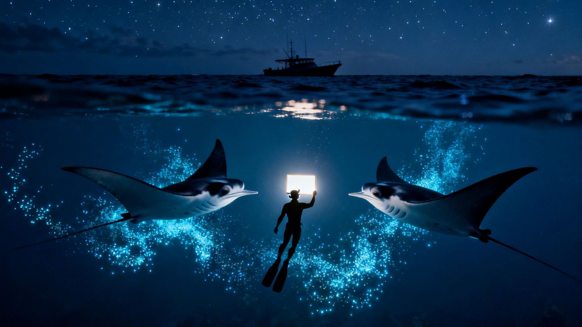 Diver with light between two manta rays under starlit ocean, with a boat silhouetted above.
