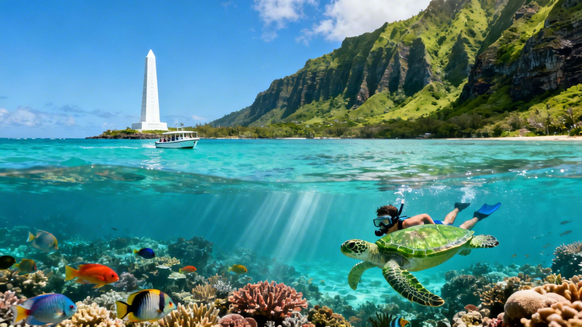 Snorkeler with turtle in clear water, tropical fish below, monument and cliffs in background.