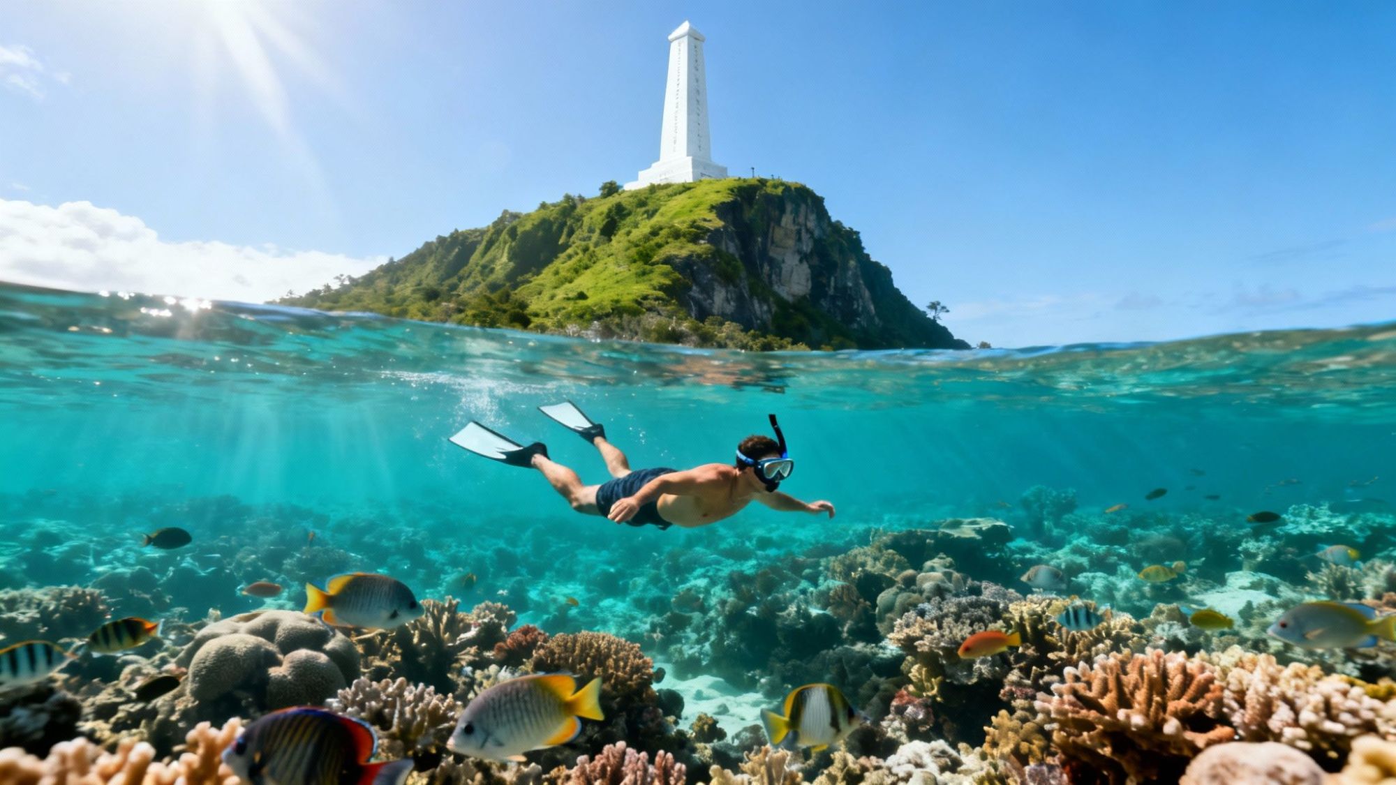 Person snorkeling above coral reef with a white tower on a hill in the background.