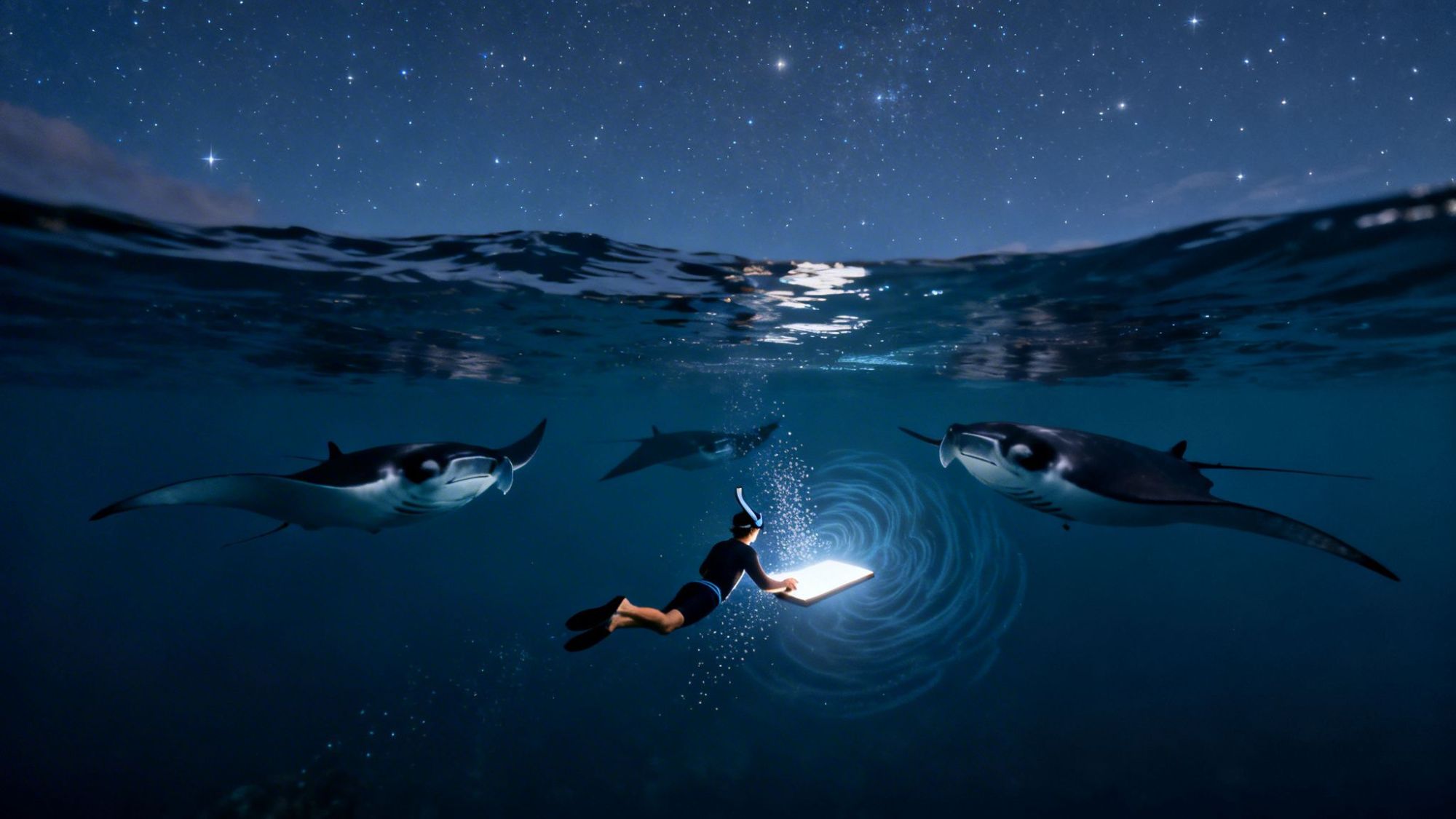 Diver with light swims underwater at night surrounded by three manta rays under a starry sky.