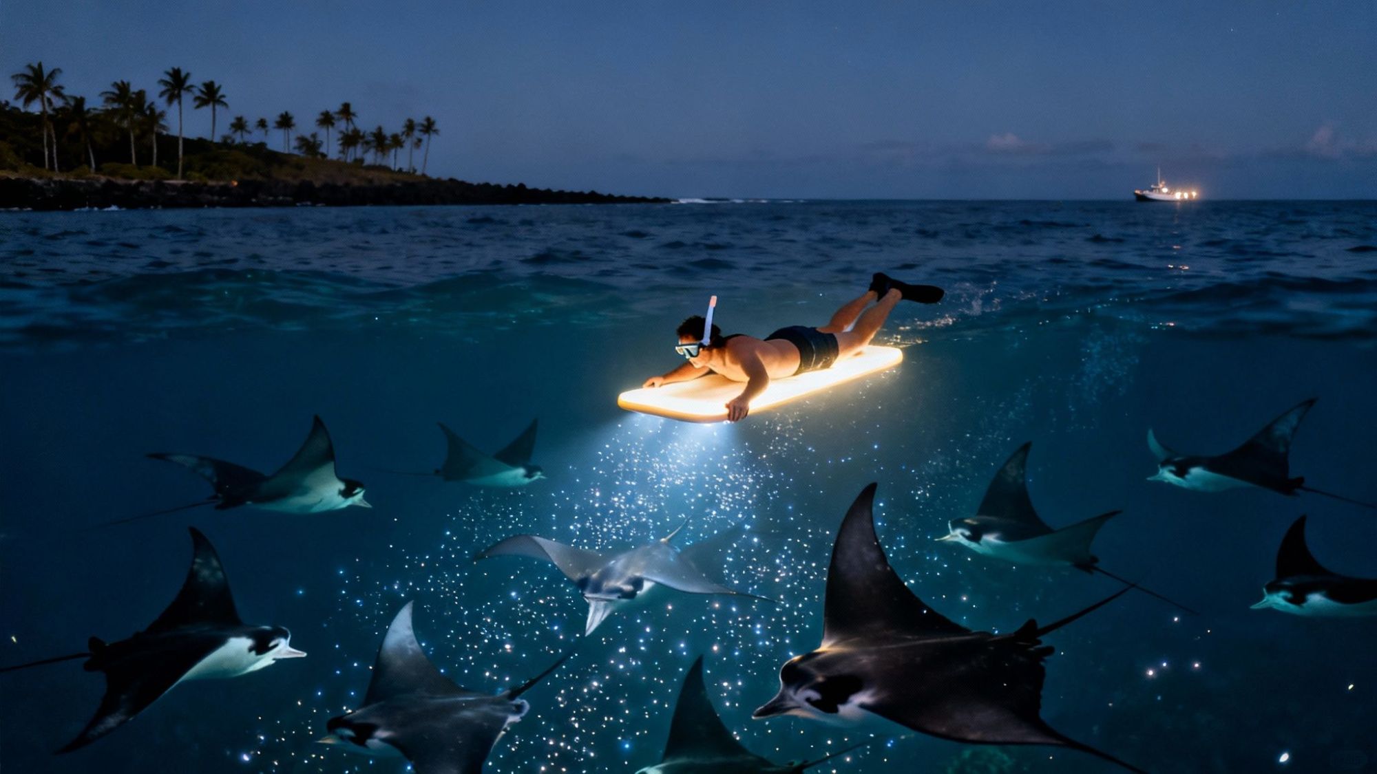 Person on a glowing surfboard observing manta rays underwater at night, with palm trees in the distance.