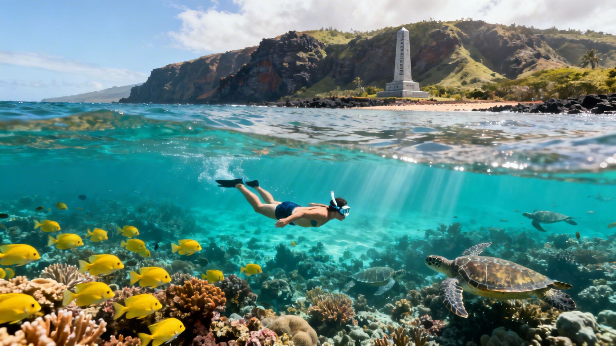 Person snorkeling over coral reef with fish and a turtle, near a monument on a hilly coastal landscape.