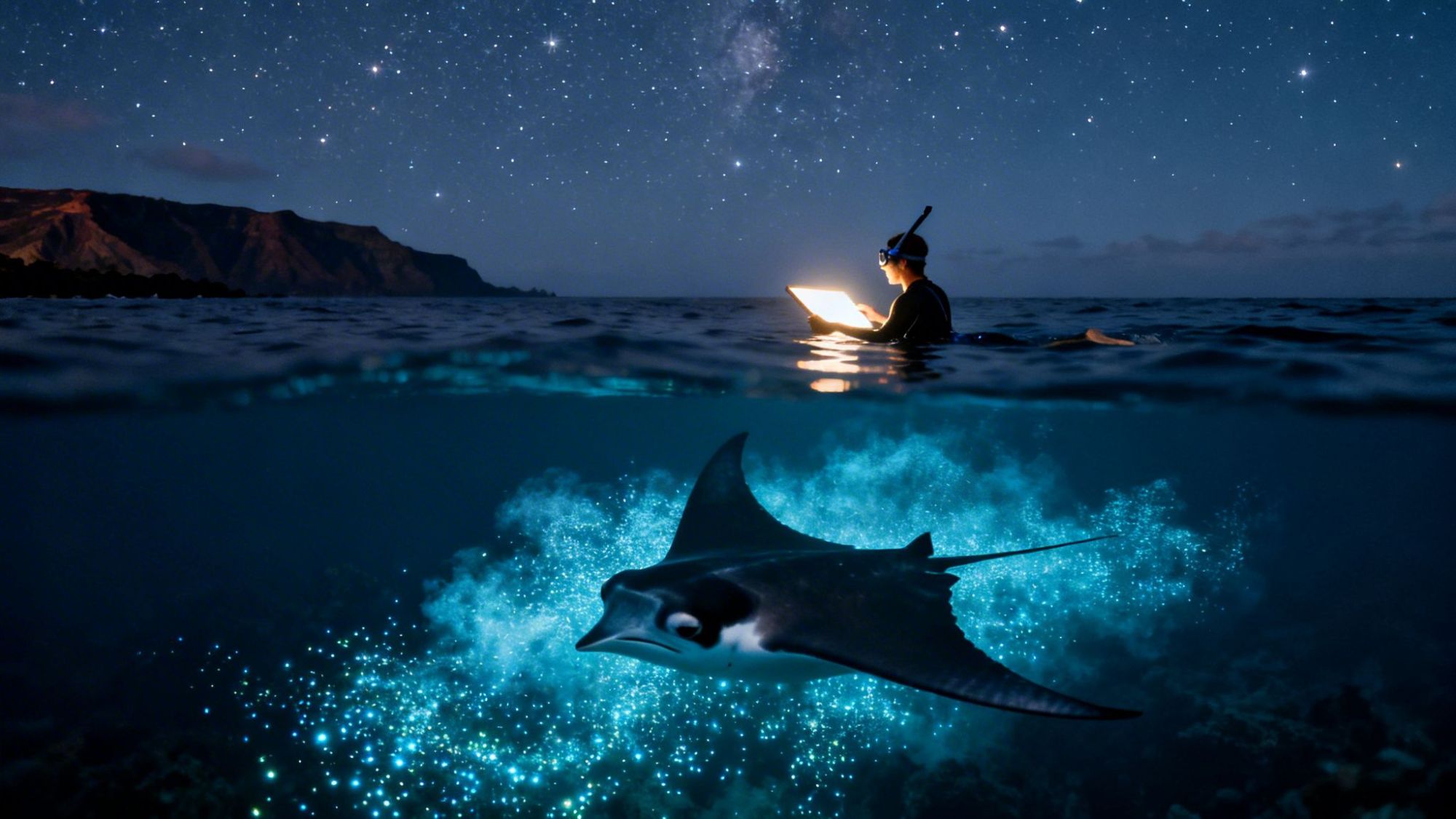 Person snorkeling at night reading by light above water; manta ray swimming below with bioluminescent effect.