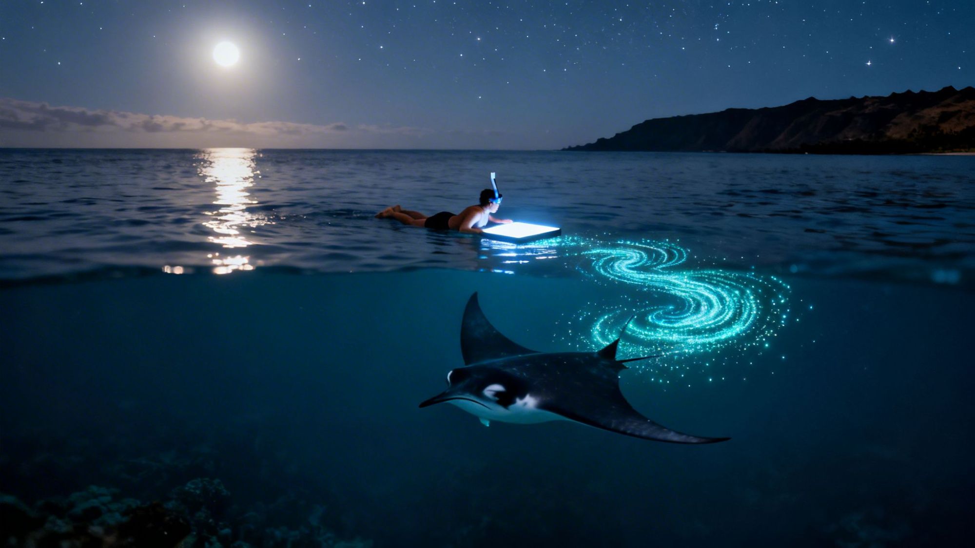 Snorkeler with glowing board near manta ray in moonlit ocean.