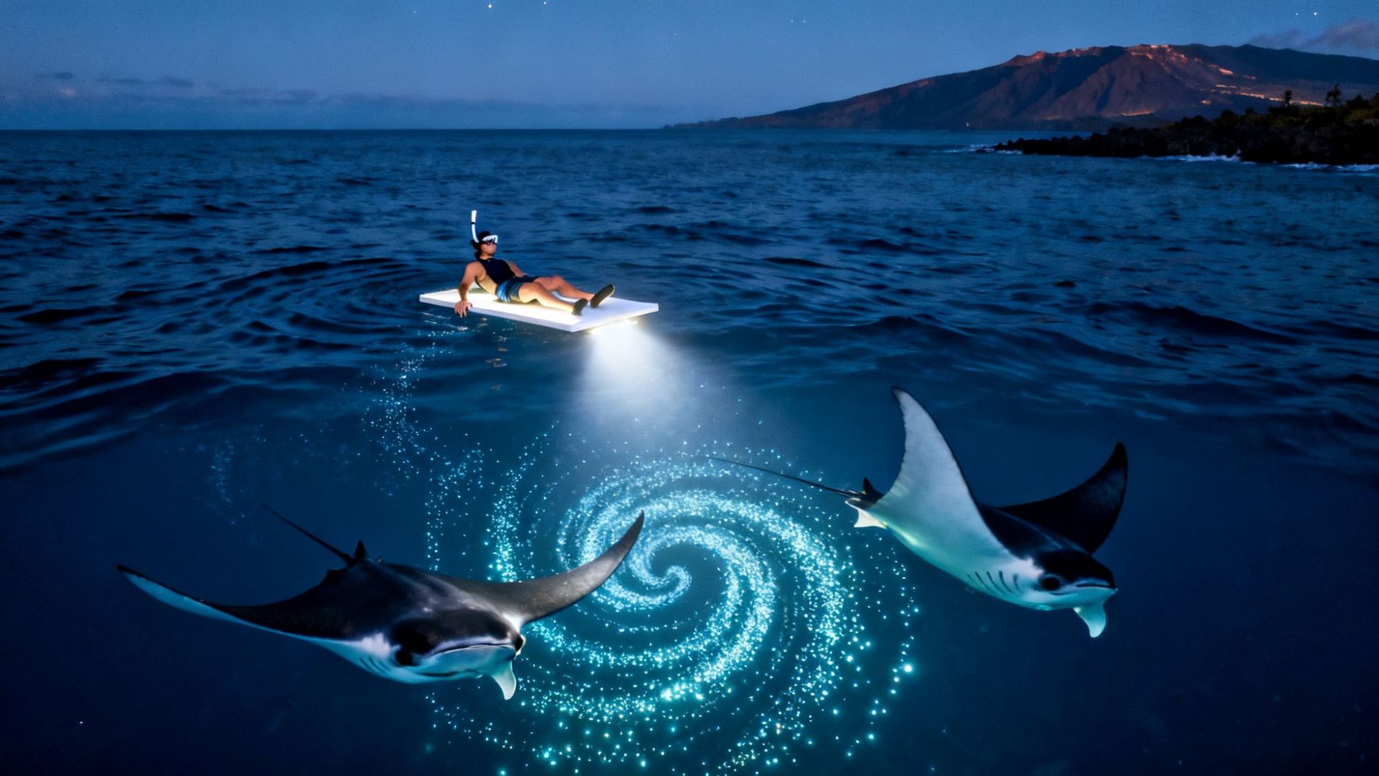Snorkeler on board with light above glowing plankton and manta rays in the ocean at dusk.