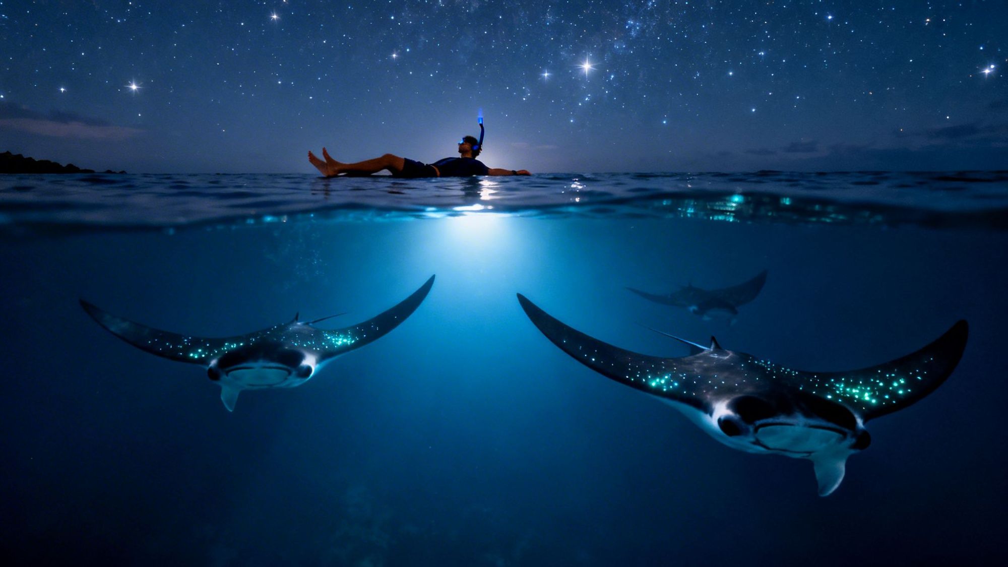 Snorkeler floating above manta rays in illuminated sea under a starry night sky.