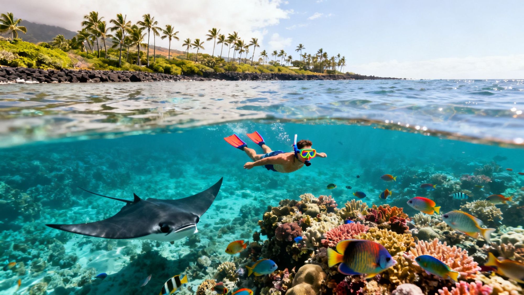 Snorkeler swims near coral reef with colorful fish and a manta ray in clear tropical water.