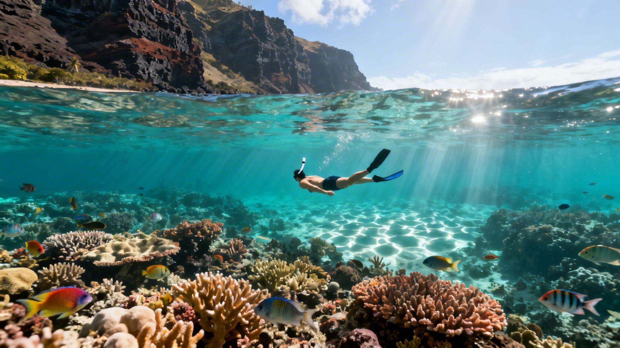 Person snorkeling over a vibrant coral reef with colorful fish below and a rocky shoreline above.