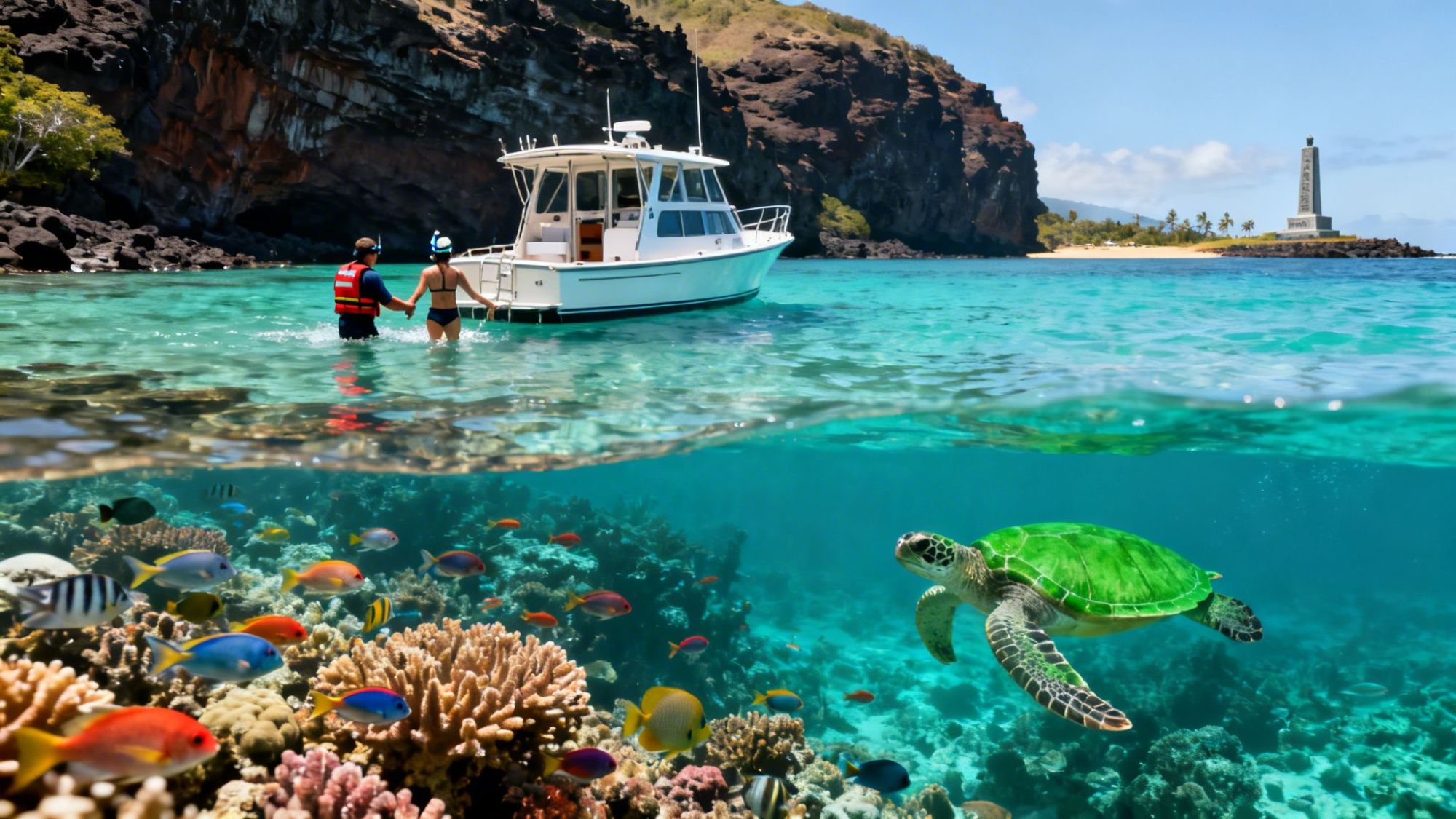 Snorkelers near boat, underwater view of colorful fish and turtle, rocky coast and monument in background.