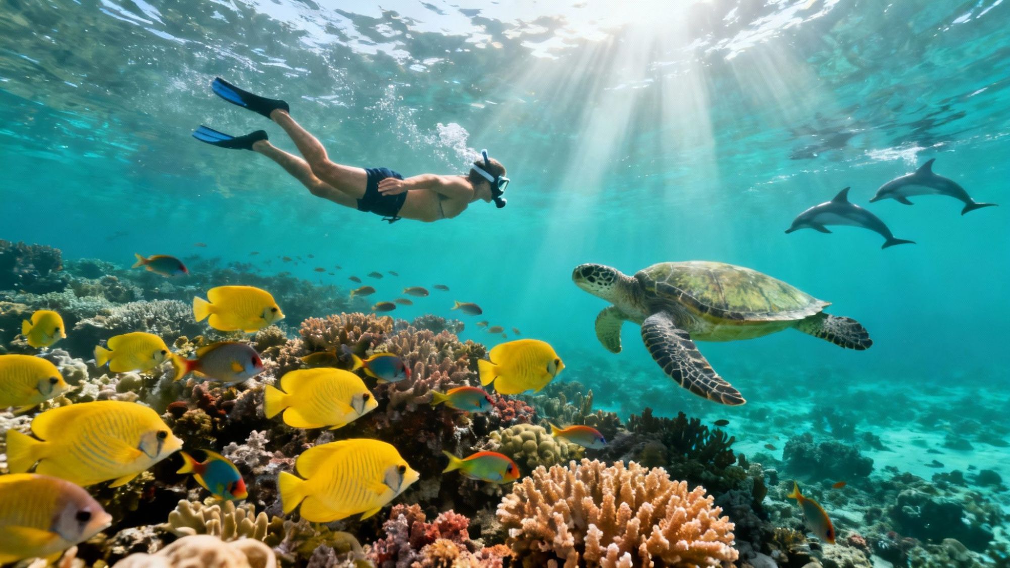 Snorkeler swims over coral reef with fish, sea turtle, and dolphins in clear water.