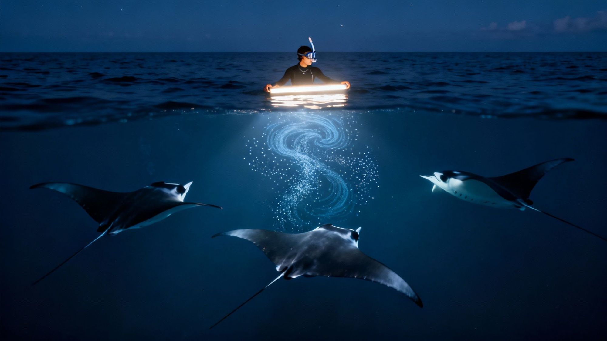 Snorkeler holding light above water, illuminating three manta rays swimming below in the dark ocean.