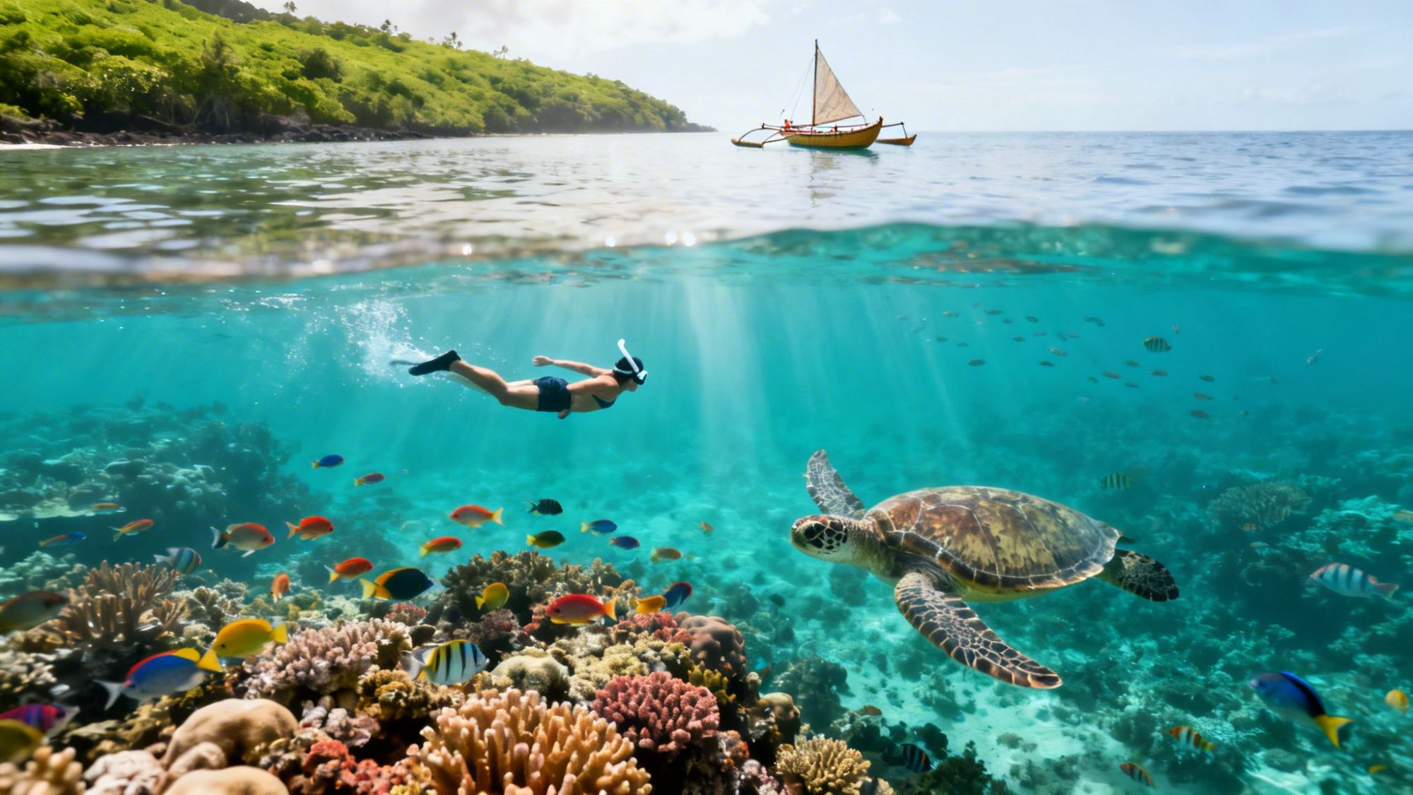 Snorkeler near colorful coral and sea turtle with boat on ocean surface, lush green hill in background.