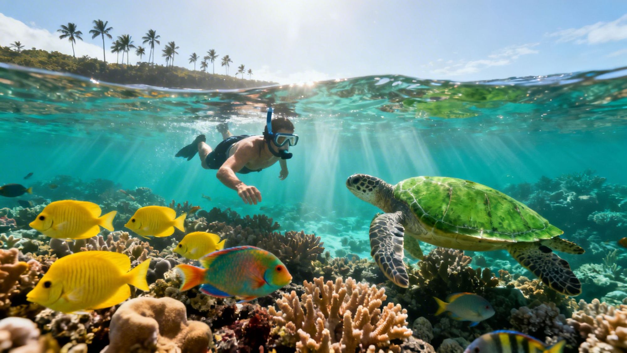 Snorkeler swims near vibrant coral reef with colorful fish and a sea turtle, under clear water and sunny sky.