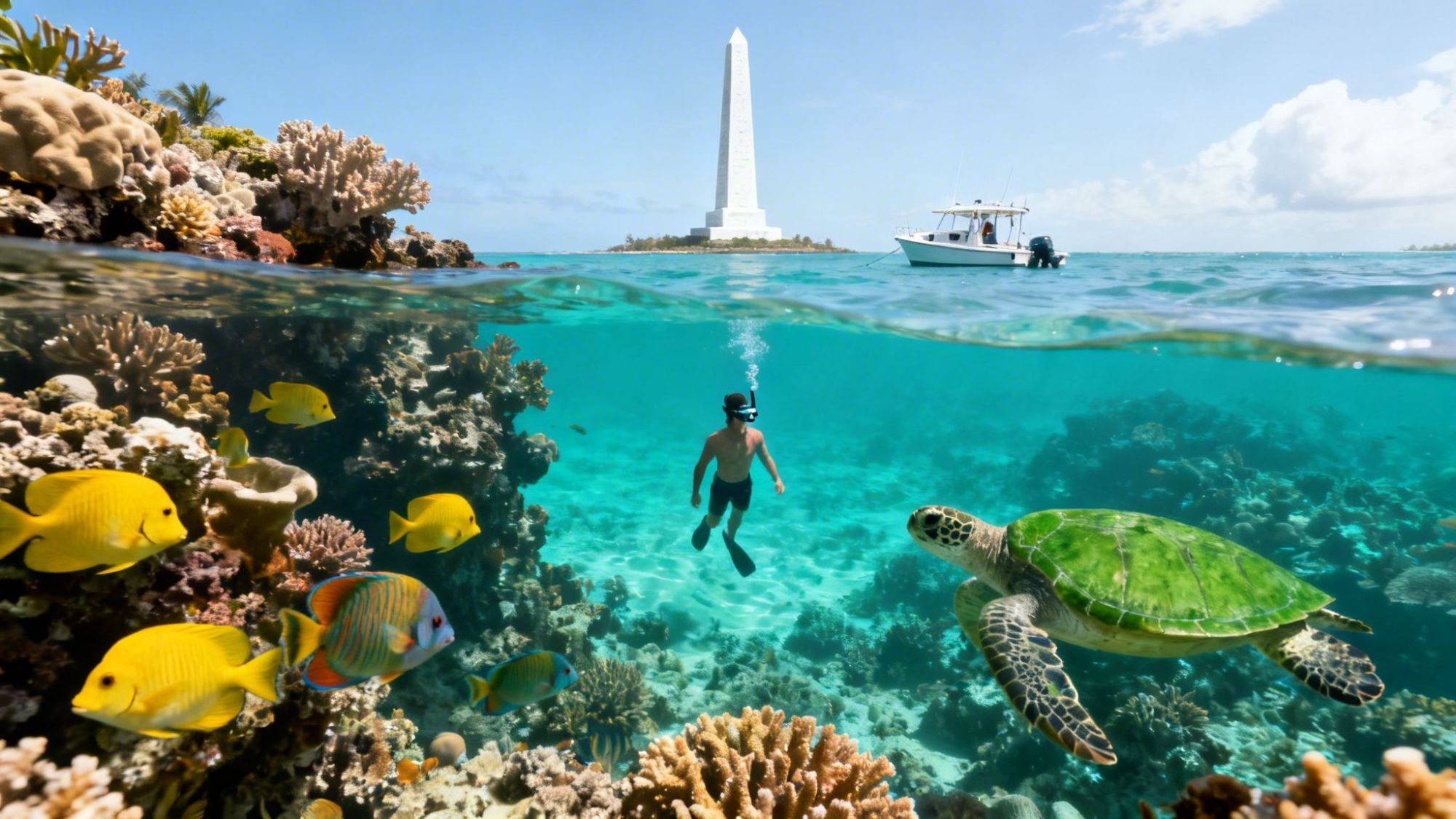 Snorkeler and sea turtle near coral reef, above water a boat and white obelisk in the background.