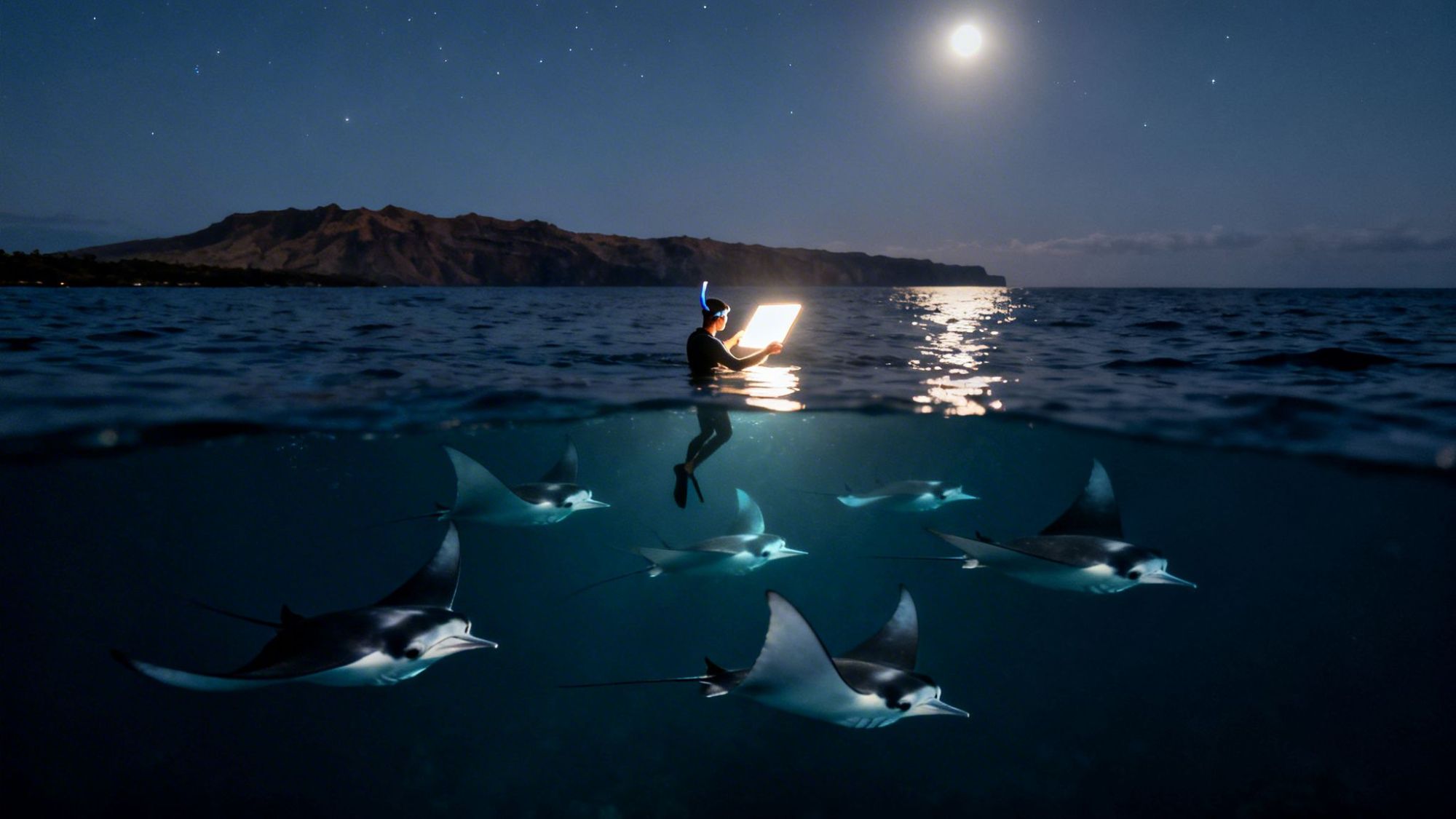 Snorkeler reading from tablet at night, with manta rays swimming underwater, moonlit ocean backdrop.