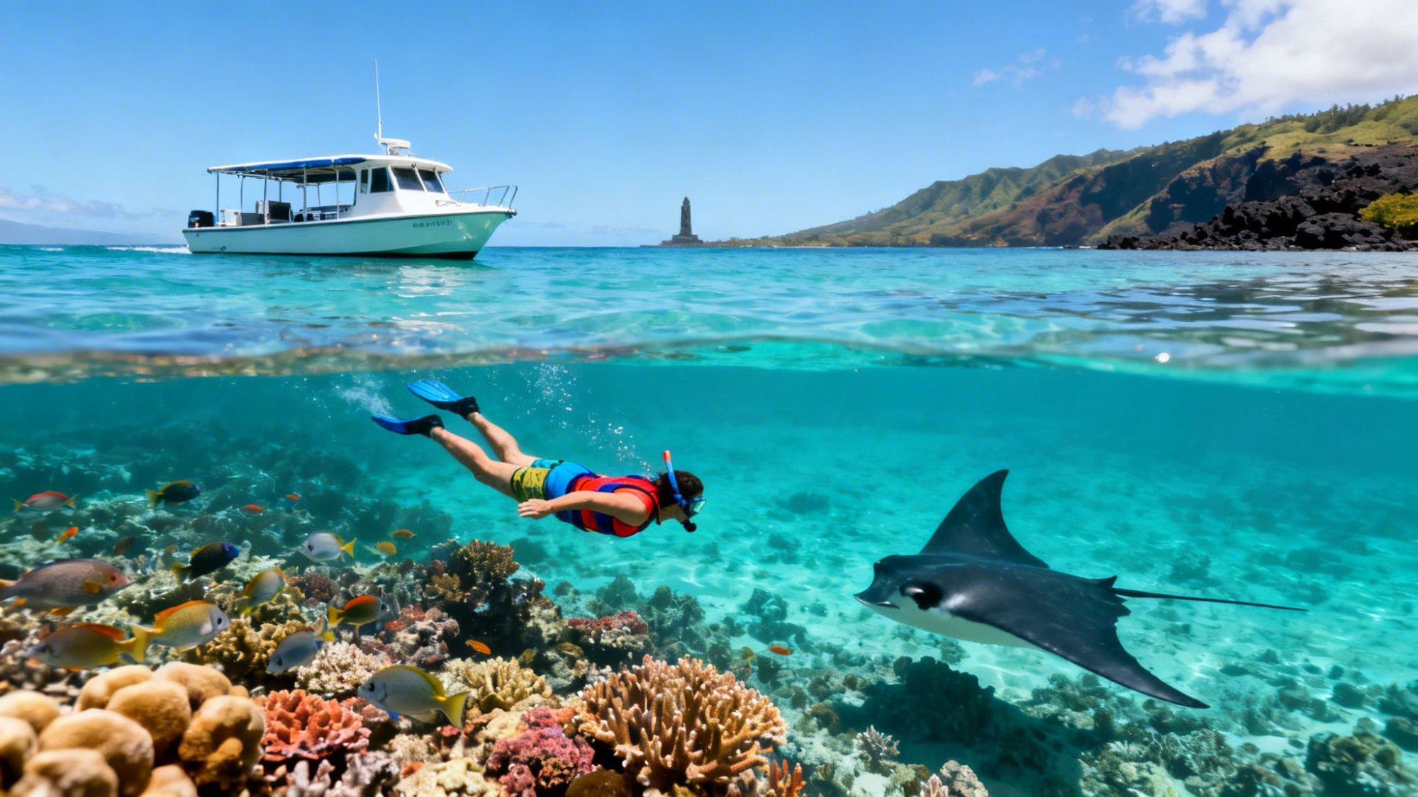 Snorkeler in clear water with coral reef, manta ray, and a boat above against a mountainous coastline.