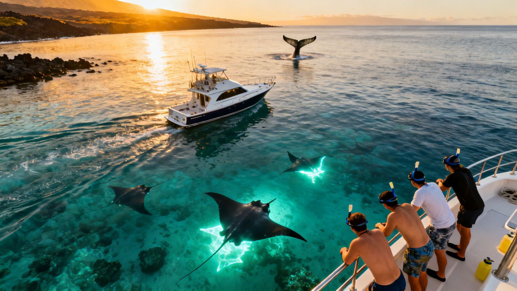 People on boat watching manta rays underwater, whale tail in distance, during sunset.