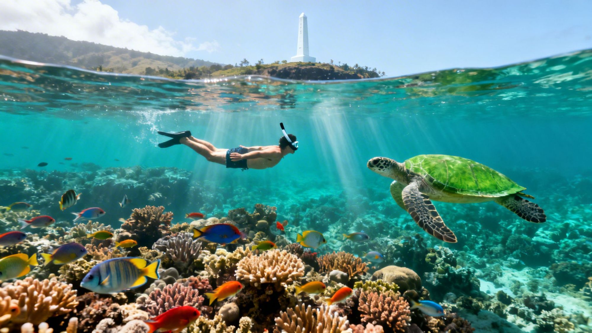 Snorkeler swims near a turtle over colorful coral and fish with land and a lighthouse in the background.